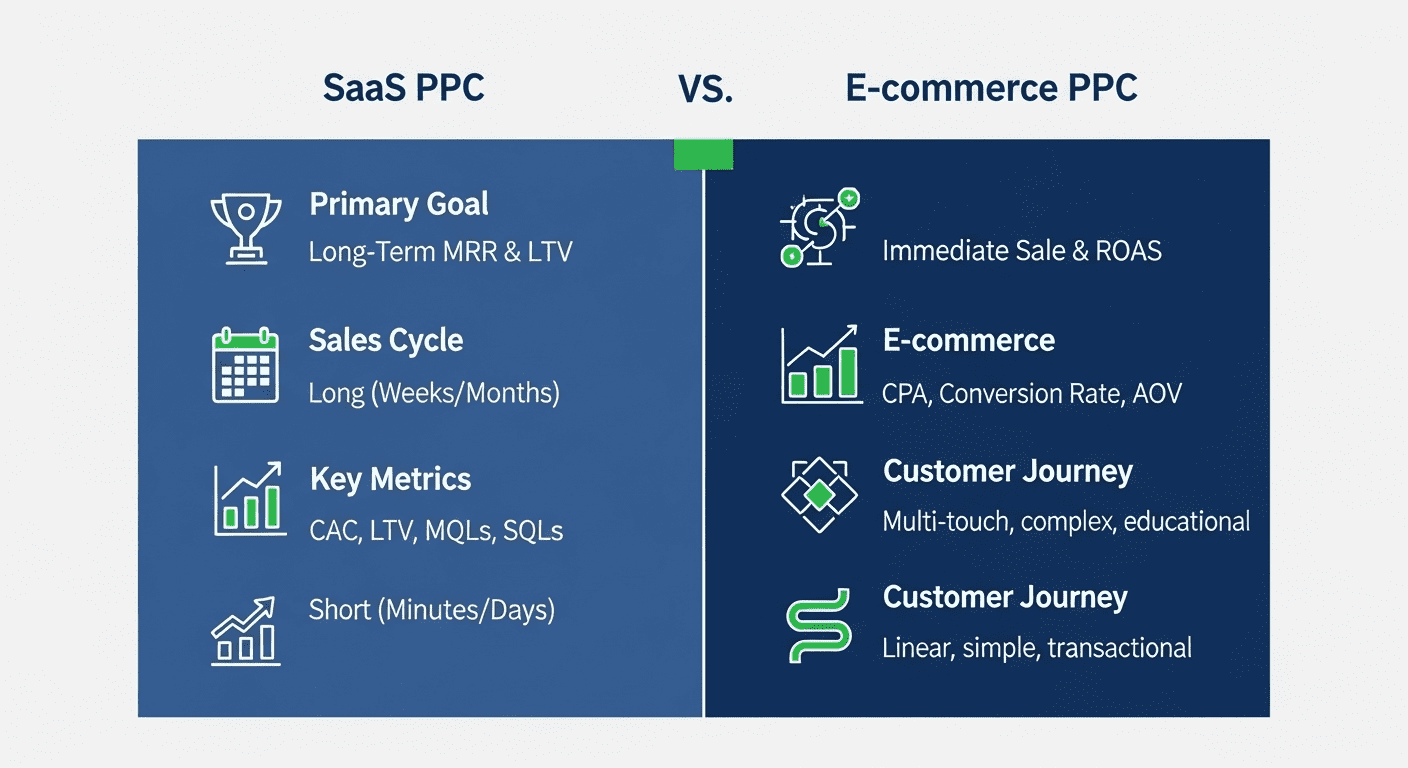 A comparison chart showing the key differences between SaaS PPC and E-commerce PPC across goals, sales cycle, key metrics, and customer journey.